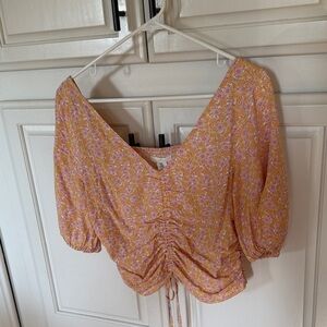 H&M Pink and Orange Floral Ruched Blouse
